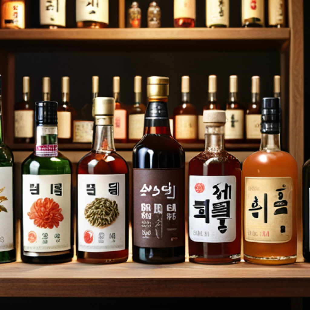 A curated online traditional Korean alcohol platform showcasing various regional specialties, detailed product information, and easy accessibility for online shopping. Focus on visual appeal with diverse bottles and ingredients.