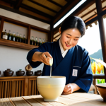 A professional artisan, fully clothed in a modest traditional-inspired work uniform, meticulously pouring a traditional Korean rice wine (makgeolli) into a ceramic cup. In the background, soft-focus elements of fresh local ingredients like corn cobs and rich green leaves are visible, suggesting the source of the liquor. The setting is a clean, well-maintained traditional Korean distillery with warm, natural sunlight filtering through, highlighting wooden textures and fermentation vats in the distance. The focus is on the craftsmanship and the authentic connection to the land. Perfect anatomy, correct proportions, natural pose, well-formed hands, proper finger count, natural body proportions. High-resolution, professional photography, soft ambient lighting, traditional aesthetic, safe for work, appropriate content, family-friendly.
