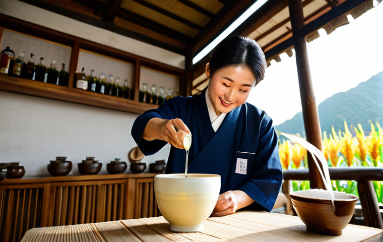 A professional artisan, fully clothed in a modest traditional-inspired work uniform, meticulously pouring a traditional Korean rice wine (makgeolli) into a ceramic cup. In the background, soft-focus elements of fresh local ingredients like corn cobs and rich green leaves are visible, suggesting the source of the liquor. The setting is a clean, well-maintained traditional Korean distillery with warm, natural sunlight filtering through, highlighting wooden textures and fermentation vats in the distance. The focus is on the craftsmanship and the authentic connection to the land. Perfect anatomy, correct proportions, natural pose, well-formed hands, proper finger count, natural body proportions. High-resolution, professional photography, soft ambient lighting, traditional aesthetic, safe for work, appropriate content, family-friendly.